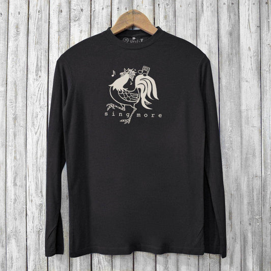 Black 'Sing More' chicken T-shirt for men made from bamboo and organic cotton with a musical rooster graphic. Eco-friendly long sleeve shirt.
