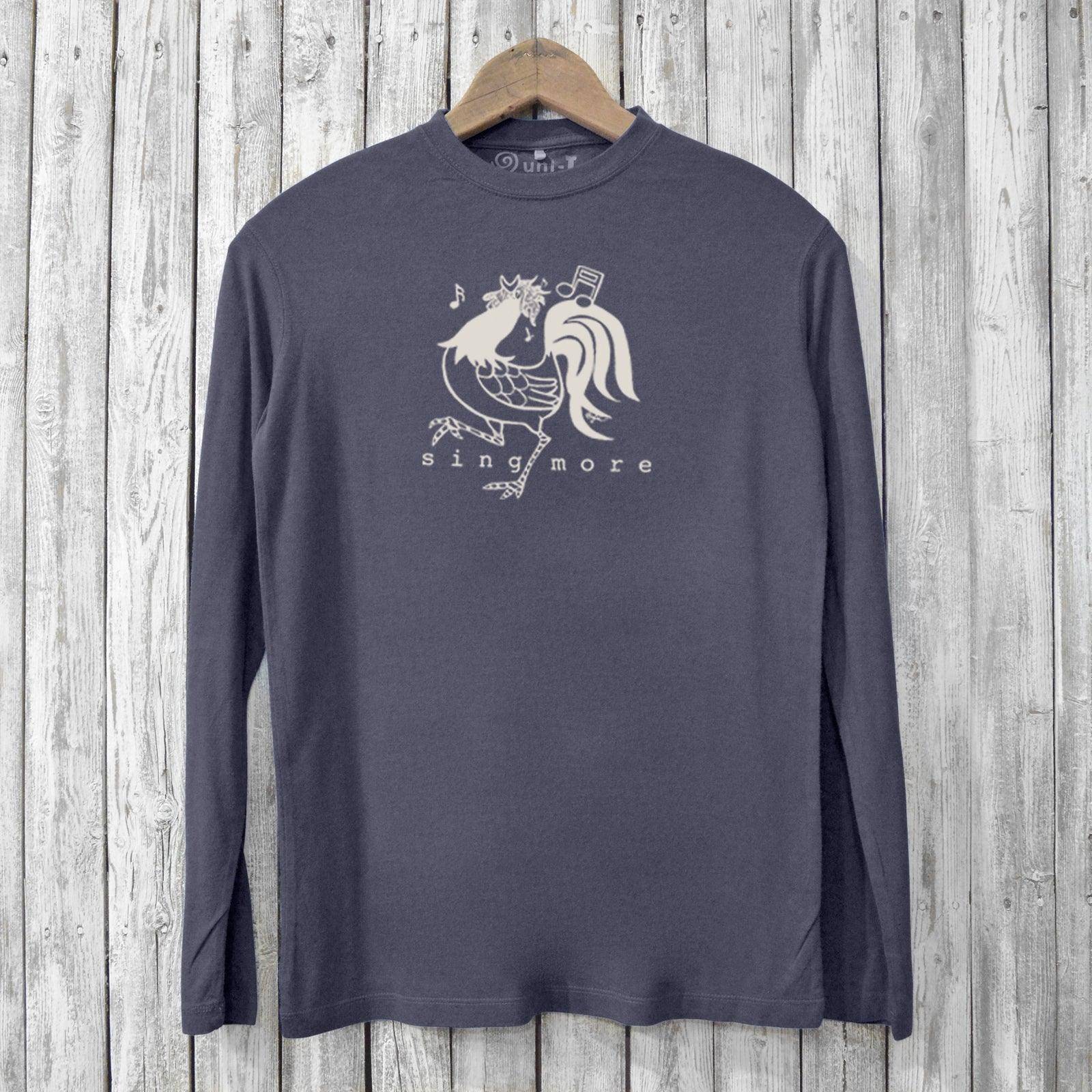 Charcoal gray men's long sleeve chicken T-shirt with 'Sing More' design, crafted from bamboo and organic cotton. Unique eco-conscious apparel.
