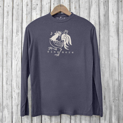 Charcoal gray men's long sleeve chicken T-shirt with 'Sing More' design, crafted from bamboo and organic cotton. Unique eco-conscious apparel.