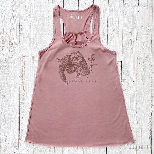 "Chill More" Women's Flowy Tank Top in mauve with sloth graphic, eco-friendly racerback design for mindful living and relaxed style.