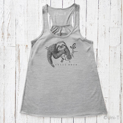 "Chill More" Women's Flowy Tank Top in light grey, racerback cut with mindful sloth design, perfect for relaxed, eco-friendly fashion lovers.