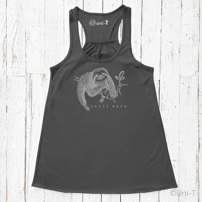 "Chill More" Women's Flowy Tank Top in charcoal black, featuring a sloth holding a leaf, ideal for slow living and sustainable wardrobe choices.