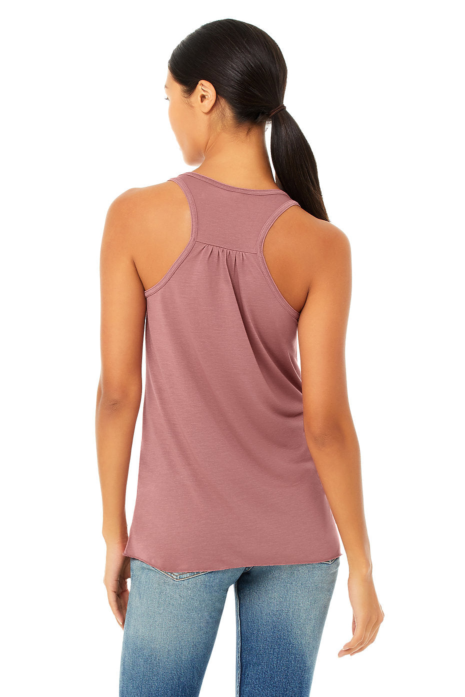 Back view of "Chill More" Women's Flowy Tank Top in mauve, racerback style with gathered detail, designed for comfort and eco-conscious wear.
