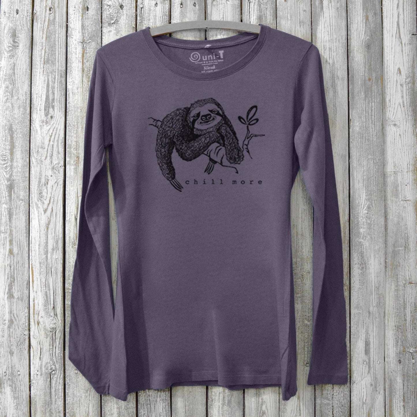 Women's sloth long sleeve T-shirt in dark purple bamboo and organic cotton with 'Chill More' graphic. Cozy animal loungewear gift for her.