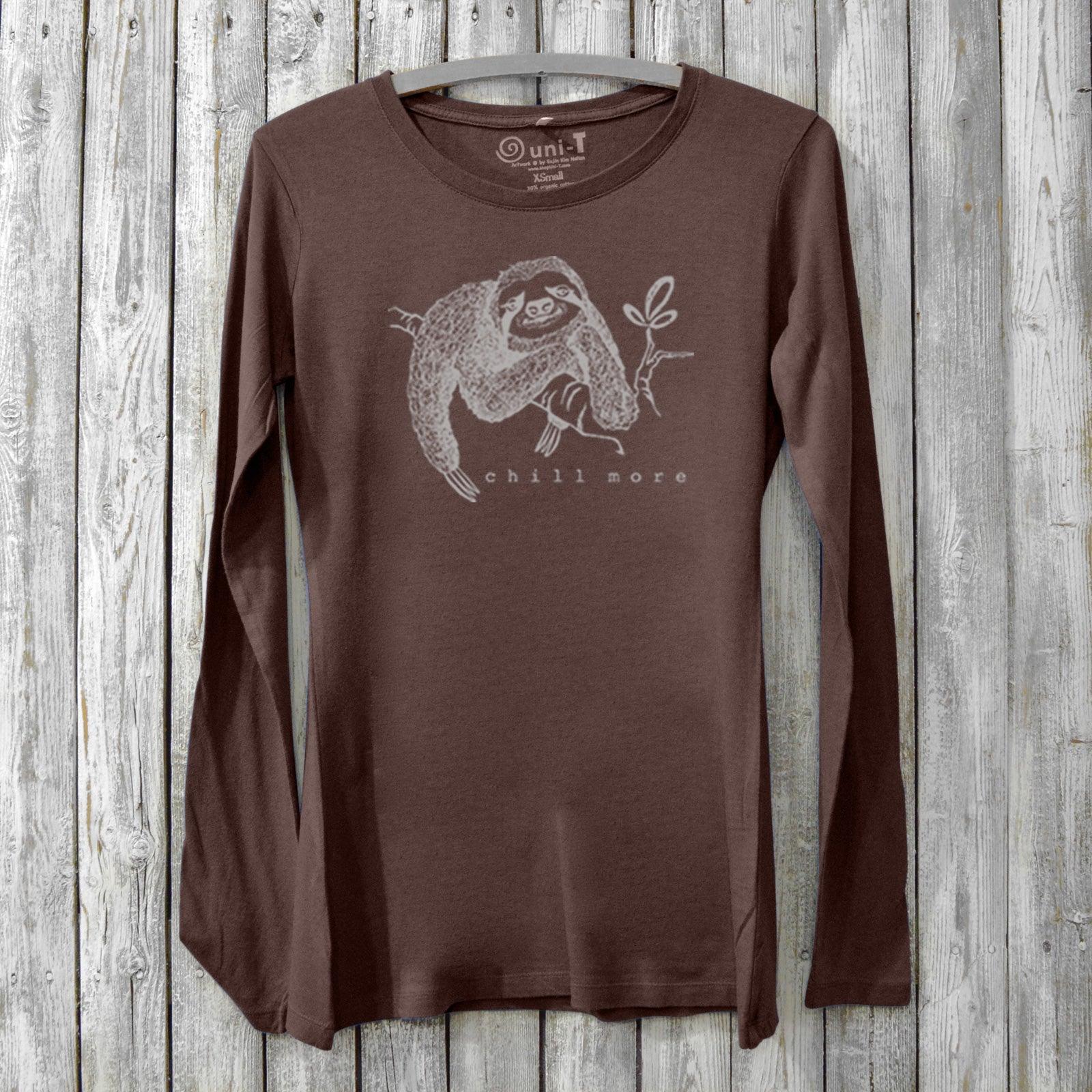 Dark brown women's long sleeve T-shirt with sloth 'Chill More' print, made from bamboo and organic cotton. Eco-friendly cozy gift for her.
