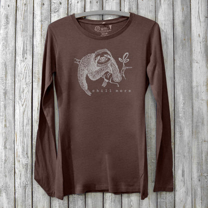 Dark brown women's long sleeve T-shirt with sloth 'Chill More' print, made from bamboo and organic cotton. Eco-friendly cozy gift for her.