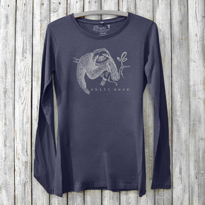 Navy women's sloth long sleeve T-shirt in bamboo and organic cotton with 'Chill More' design. Comfortable animal graphic loungewear top.