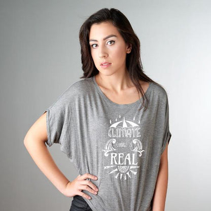 Women's Climate Change T-Shirt in bamboo and organic cotton with 'Climate Change is Real' graphic, eco-conscious activist apparel by Uni-T.