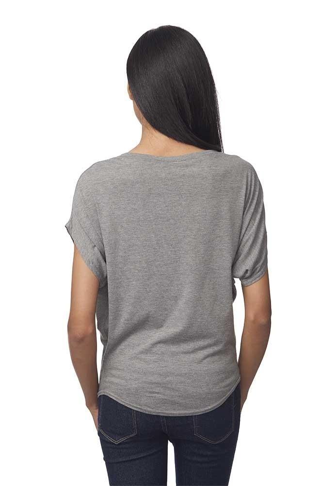 Back view of grey women's bamboo and organic cotton slouchy t-shirt, relaxed fit sustainable top in Uni-T's eco apparel collection.