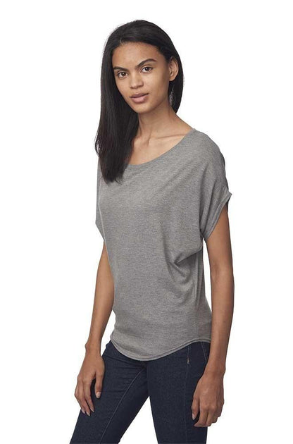 Side view of grey slouchy bamboo-organic cotton women's t-shirt, minimalist eco-conscious fashion from Uni-T's sustainable clothing range.