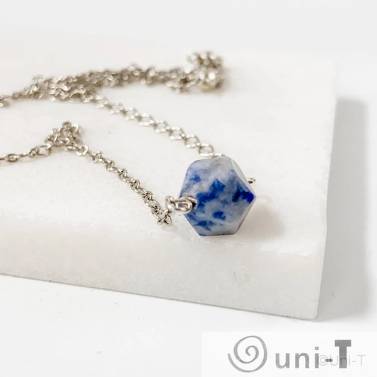Buy Sodalite Gemstone Necklaces Online - Uni-T features a faceted blue sodalite stone on an 18-inch sterling silver chain with spring ring clasp.