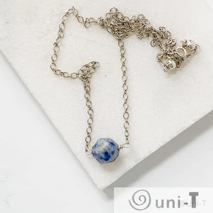 Dainty Sodalite Gemstone Necklace from Uni-T with hand-cut blue gemstone centered on a sterling silver chain, perfect for layering or gifting.