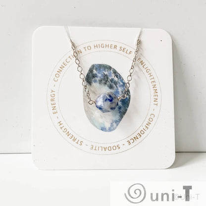 Uni-T Sodalite Gemstone Necklace displayed on branded card highlighting spiritual energy and confidence, ideal for mindful jewelry lovers.