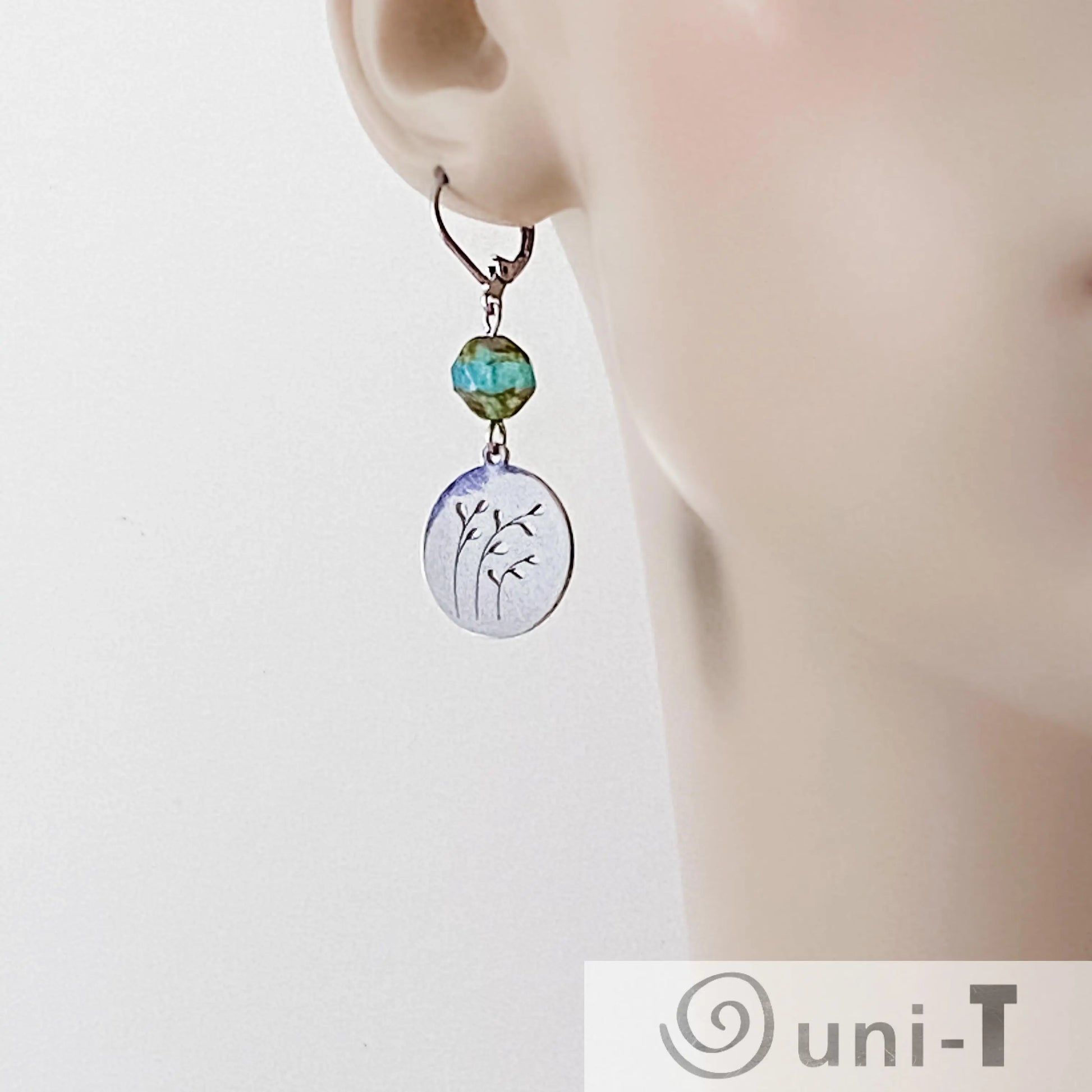 Surgical Steel Charm Earrings - Circle with Cut Out Leaves Kathy James