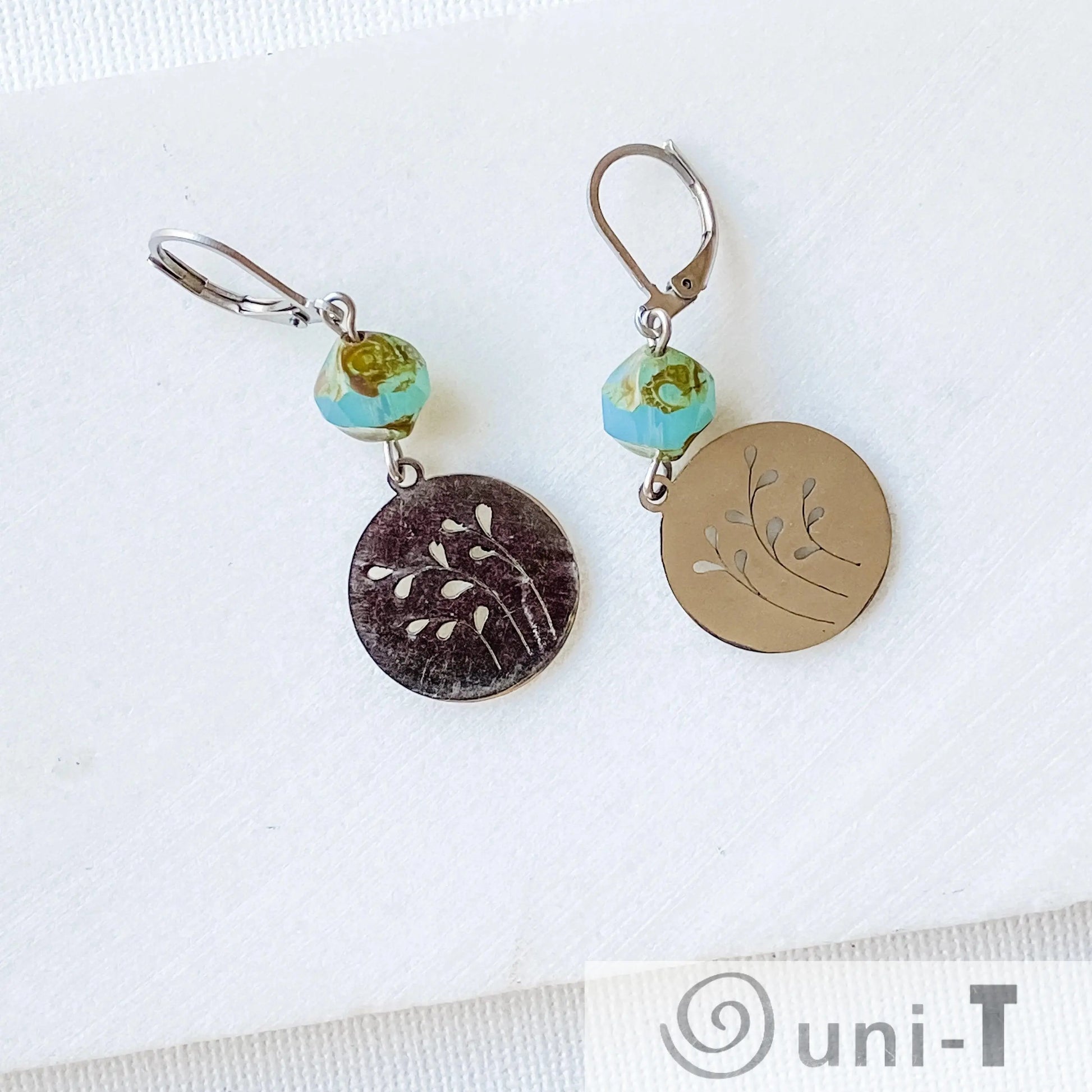 Surgical Steel Charm Earrings - Circle with Cut Out Leaves Kathy James