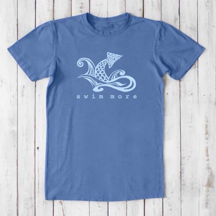 Blue Men's Swimming T-Shirt in Bamboo & Organic Cotton with 'Swim More' fish and wave graphic. Eco-friendly fitness tee for swimmers.