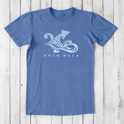 Blue Men's Swimming T-Shirt in Bamboo & Organic Cotton with 'Swim More' fish and wave graphic. Eco-friendly fitness tee for swimmers.
