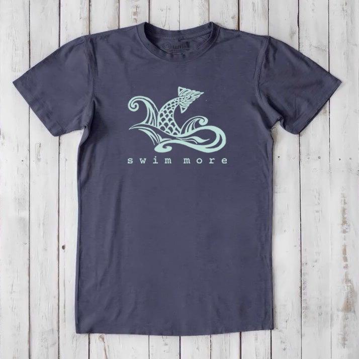 Charcoal Men's Swimming T-Shirt in Bamboo & Organic Cotton with mint 'Swim More' graphic. Classic fit beachwear gift for him.