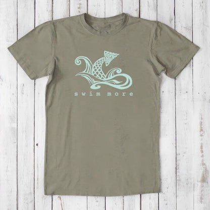 Olive green Men's Swimming T-Shirt in Bamboo & Organic Cotton with aqua 'Swim More' design. Sustainable graphic tee for water lovers.