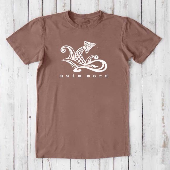 Brown Men's Swimming T-Shirt in Bamboo & Organic Cotton with white 'Swim More' graphic. Comfortable eco tee for poolside wear.