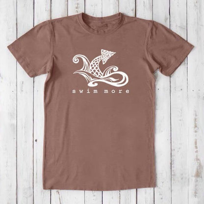 Brown Men's Swimming T-Shirt in Bamboo & Organic Cotton with white 'Swim More' graphic. Comfortable eco tee for poolside wear.