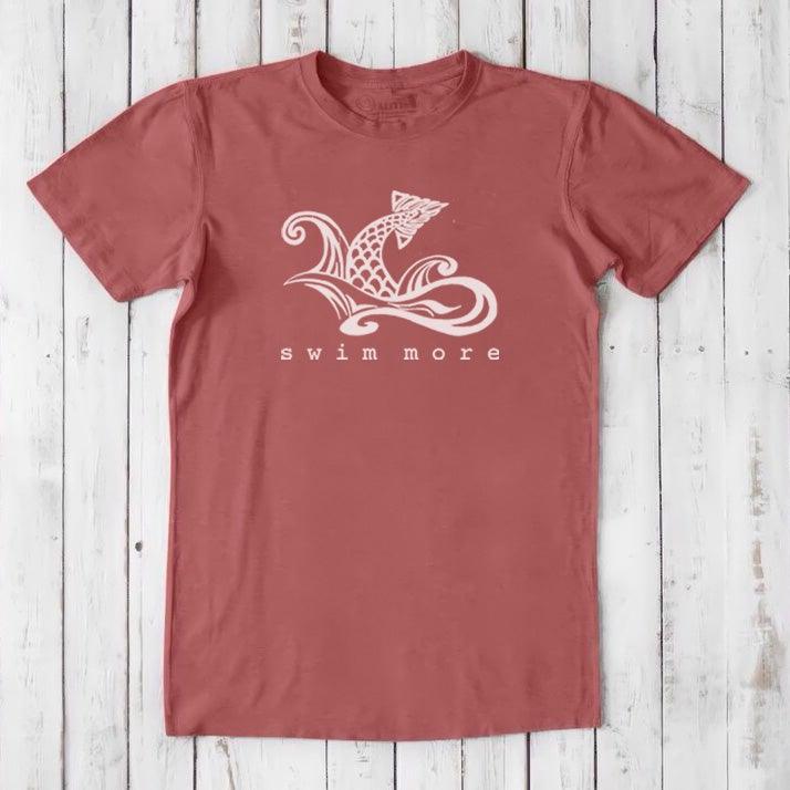 Rust red Men's Swimming T-Shirt in Bamboo & Organic Cotton with white 'Swim More' design. Stylish and breathable gift for swimmers.