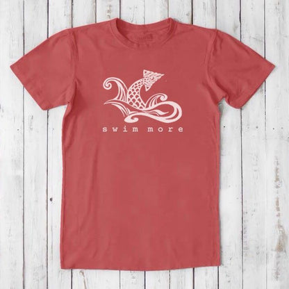 Coral red Men's Swimming T-Shirt in Bamboo & Organic Cotton with white 'Swim More' graphic. Great fitness and beachwear tee.