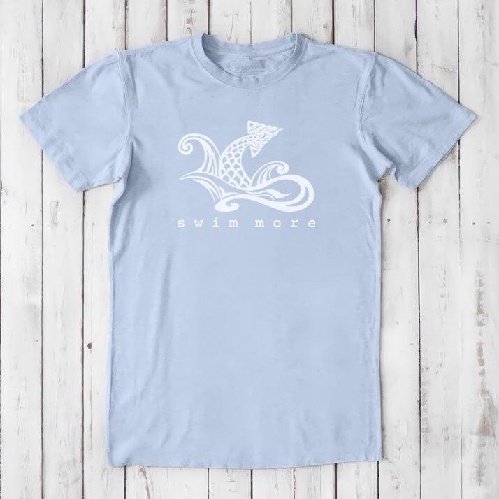 Light blue Men's Swimming T-Shirt in Bamboo & Organic Cotton with white 'Swim More' graphic. Soft and breathable summer tee.