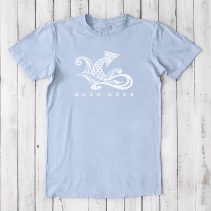 Light blue Men's Swimming T-Shirt in Bamboo & Organic Cotton with white 'Swim More' graphic. Soft and breathable summer tee.