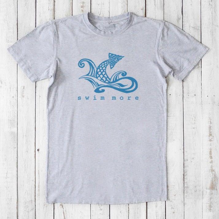 Heather gray Men's Swimming T-Shirt in Bamboo & Organic Cotton with blue 'Swim More' graphic. Eco-conscious gift for active men.