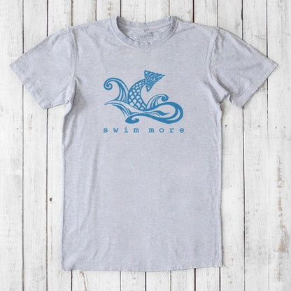 Heather gray Men's Swimming T-Shirt in Bamboo & Organic Cotton with blue 'Swim More' graphic. Eco-conscious gift for active men.