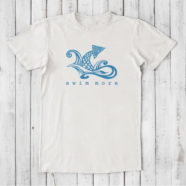 White Men's Swimming T-Shirt in Bamboo & Organic Cotton with blue 'Swim More' graphic. Classic fit tee for beach and pool days.