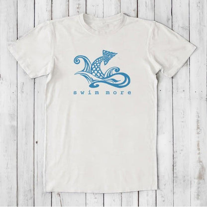 White Men's Swimming T-Shirt in Bamboo & Organic Cotton with blue 'Swim More' graphic. Classic fit tee for beach and pool days.