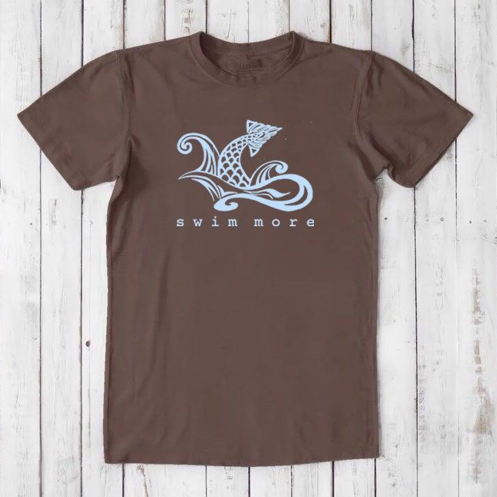 Dark brown Men's Swimming T-Shirt in Bamboo & Organic Cotton with light blue 'Swim More' design. Great gift for swimmers and surfers.