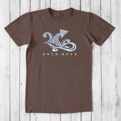 Dark brown Men's Swimming T-Shirt in Bamboo & Organic Cotton with light blue 'Swim More' design. Great gift for swimmers and surfers.
