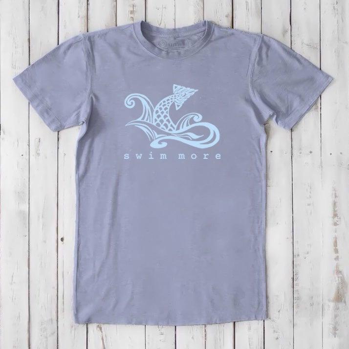 Lavender Men's Swimming T-Shirt in Bamboo & Organic Cotton with light blue 'Swim More' graphic. Sustainable and stylish fitness tee.