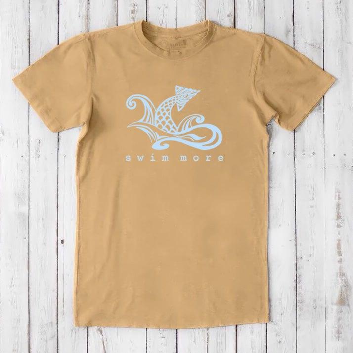 Mustard yellow Men's Swimming T-Shirt in Bamboo & Organic Cotton with light blue 'Swim More' graphic. Unique eco tee for water lovers.