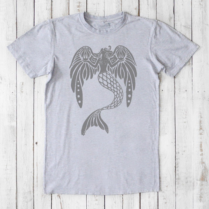 Men's Mermaid T-Shirt in bamboo and organic cotton, light gray with dark gray mythical sea creature graphic, classic fit fantasy tee.