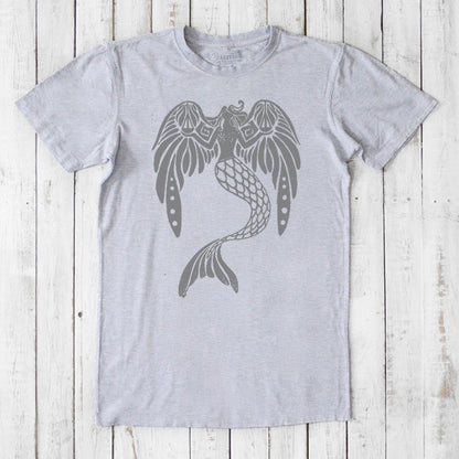 Men's Mermaid T-Shirt in bamboo and organic cotton, light gray with dark gray mythical sea creature graphic, classic fit fantasy tee.