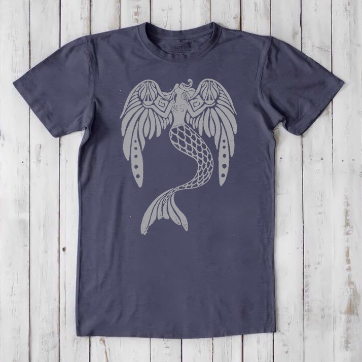 Navy bamboo and organic cotton men's mermaid T-shirt featuring a gray fantasy sea creature design, eco-friendly and classic fit.