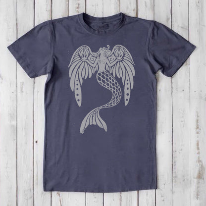 Navy bamboo and organic cotton men's mermaid T-shirt featuring a gray fantasy sea creature design, eco-friendly and classic fit.