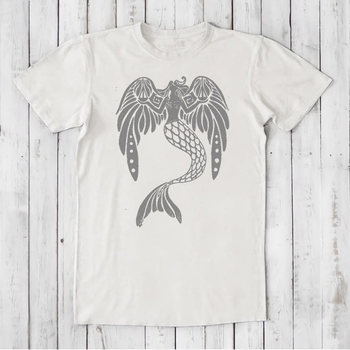 Ivory men's T-shirt made from bamboo and organic cotton with a gray mermaid graphic, sustainable fantasy art tee for ocean lovers.