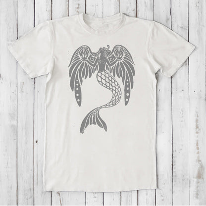 Ivory men's T-shirt made from bamboo and organic cotton with a gray mermaid graphic, sustainable fantasy art tee for ocean lovers.