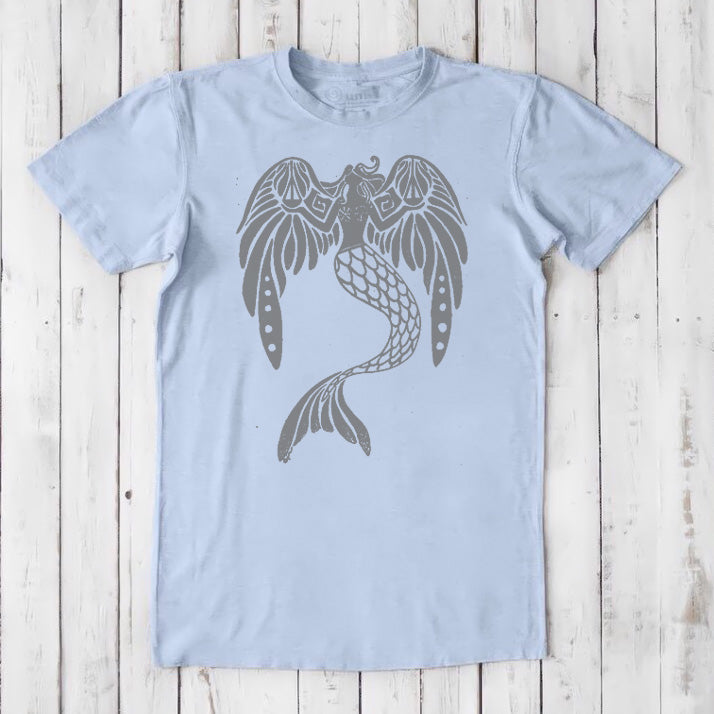 Light blue men's bamboo and organic cotton T-shirt with a gray mermaid graphic, classic fit mythical sea creature fantasy tee.