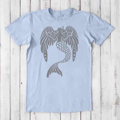 Light blue men's bamboo and organic cotton T-shirt with a gray mermaid graphic, classic fit mythical sea creature fantasy tee.