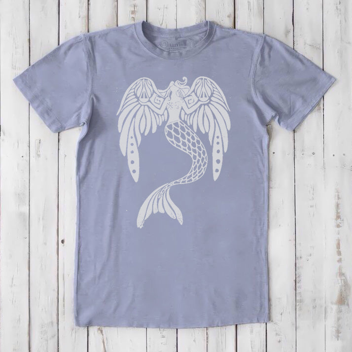 Slate-colored men's mermaid T-shirt in bamboo and organic cotton with a white fantasy sea creature design, soft and sustainable.