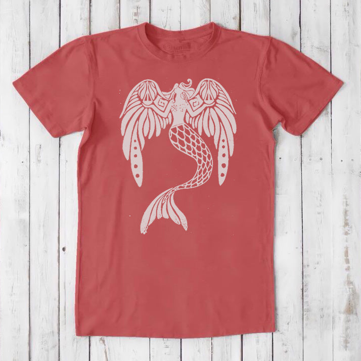 Red men's bamboo and organic cotton T-shirt with a white mermaid graphic, fantasy art sea creature tee, classic fit gift for him.