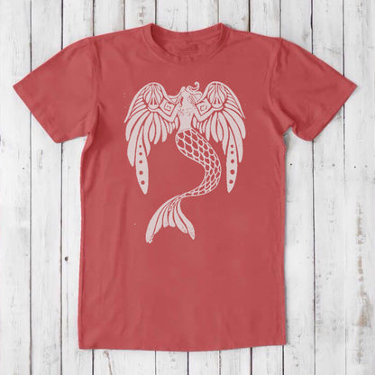 Red men's bamboo and organic cotton T-shirt with a white mermaid graphic, fantasy art sea creature tee, classic fit gift for him.