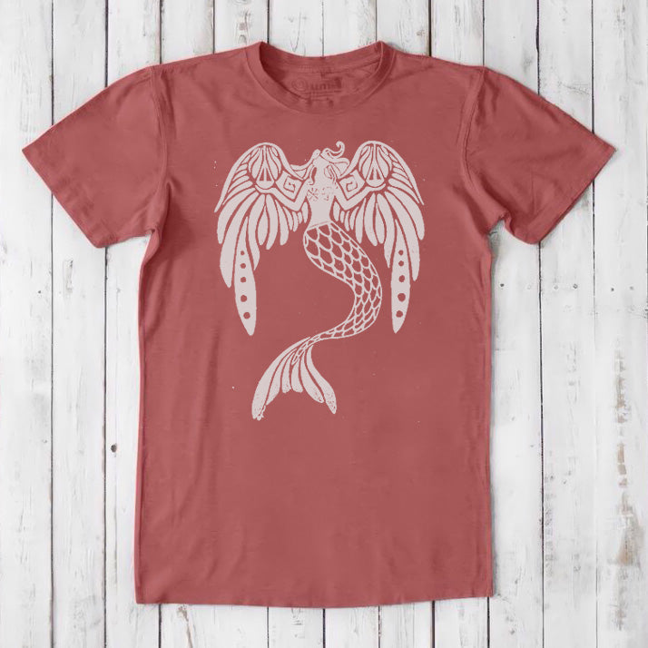 Red clay men's mermaid T-shirt in bamboo and organic cotton with a white mythical sea creature design, eco-friendly fantasy gift.