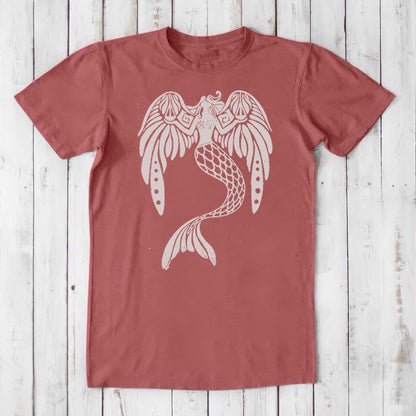 Red clay men's mermaid T-shirt in bamboo and organic cotton with a white mythical sea creature design, eco-friendly fantasy gift.